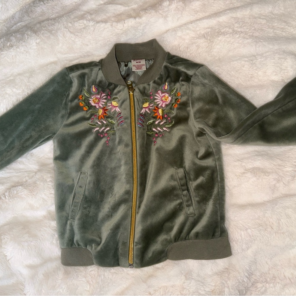 Arizona Jean Company Olive Green Velvet Bomber Jacket with Floral Embroidery